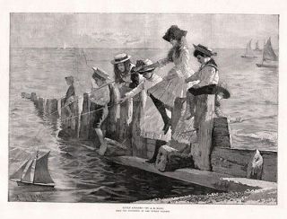 FISHING Children Angling off Pier Fishing Rod Antique 1880 Print, Big