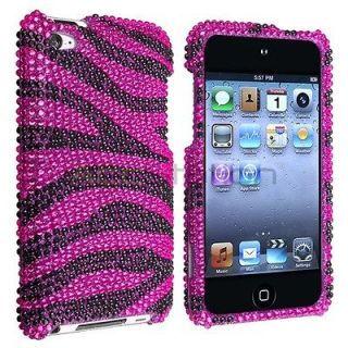 iPod Touch 4th Gen 4G Hot Pink Black Zebra Rhinestone Bling Case Cover