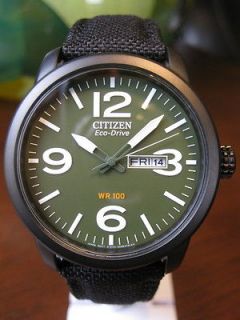 Eco Drive Mens Black Plated Steel Military Green Watch BM8475 00X