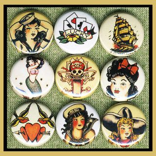 tattoo art Sailor Jerry pin up girls bird ship 1 buttons OR magnets B