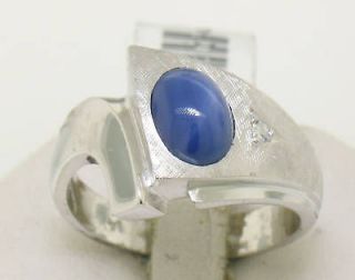 14k White Gold Blue Star Sapphire Diamond Mens Ring