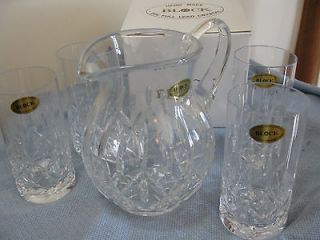 Beautiful 24% BLOCK LEAD CRYSTAL PITCHER & 4 GLASSES NIB Hand Crafted