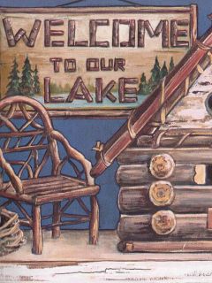 Welcome to our Lake   Log Cabin Shelf Theme Sale $8.95 Wallpaper