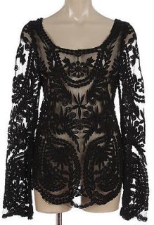 Sheer Crochet Lace Victorian Romantic Long Sleeve Goth Blouse Top S