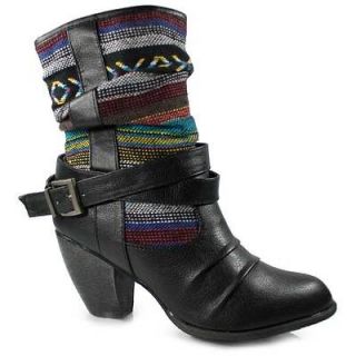 Print Slouchy Faux Leather Boot Stacked Heel Pleated Bamboo Bongo