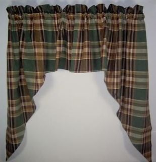 Country Green Brown Tan Plaid Wood River Unlined Swags 72x36