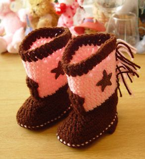 Western Cowboy Cowgirl Baby Booties Boots Crochet Brown Pink with