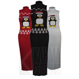 Bodycon Long Dress Ladies Xmas Penguin Turtle Polo Neck Midi Maxi