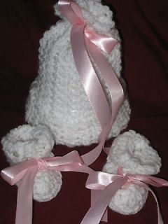 Hand Crochet Baby Girl Hat Booties White Wide Pink Ribbon NB 0 3 M