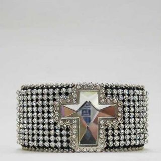 Western Genuine Leather Rhinestone Cross Cowgirl Bling Cuff Bracelet