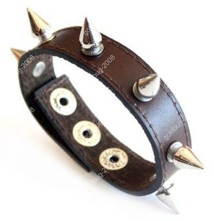 Metal Spike Punk Biker Gothic Leather Brown Bracelet Wristband 7 8