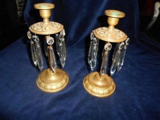 Pair of Victorian Brass Mantle Lusters/Candle Holders with Prisms