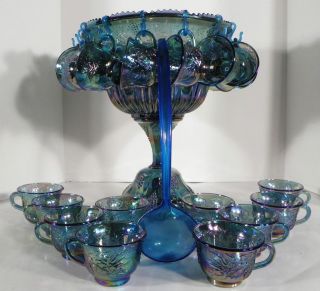 Indiana Carnival Glass Blue Harvest Grape Punch Bowl Wedding Set w/ 24