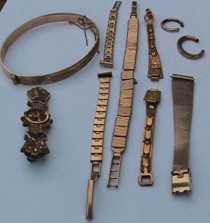 rolled gold/gold metal hinged bracelet, watch straps, brooch etc