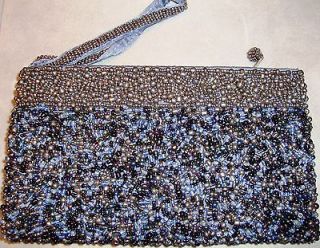 Beautiful Beaded Glass Zippered Wristlet Bag   Metallic Gray, Blue