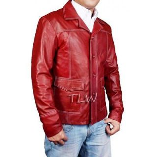 Fight Club Brad Pitt Red Leather Jacket FC Coat New Mens 100% Genuine