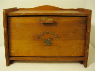 Vintage Wooden Bread Box w/ Brass Plated Eagle and Stars Design