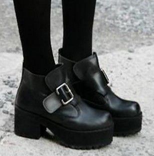 Ladies Black Punk Gothic Buckle Strap Chunky Heels Platform Ankle