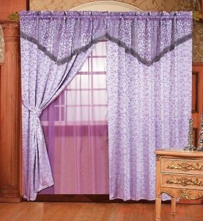 Purple Jacquard Floral Window Curtain Drape Valance w/ Sheer Backing