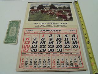1952 VINTAGE CALENDAR ADVERTISING FIRST NATIONAL BANK BROWNSTOWN,IL