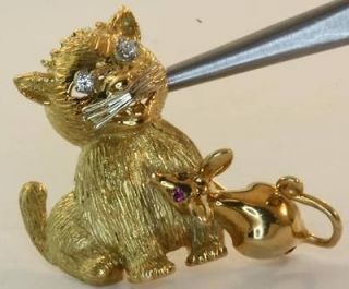 18k yellow gold diamond cat mouse ruby pin charm estate vintage