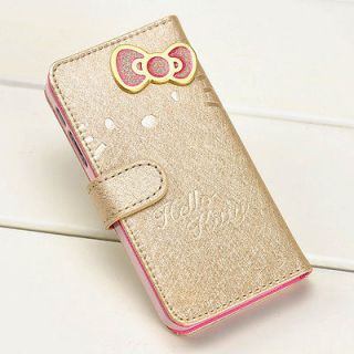 Hello Kitty Bow Butterfly Gold Leather Flip ID Card Wallet Case For