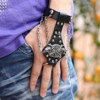 Rock Double Gun Pistol Chain Black Leather Bracelet Link Ring Cuff