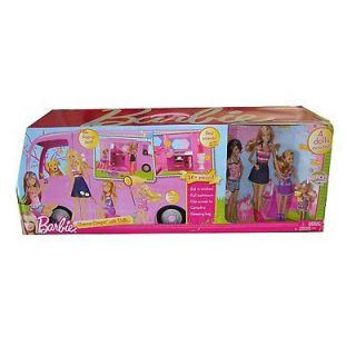 Barbie PINK GLAMOUR CAMPER with 4 Dolls & Sounds 30+ Pieces NEW