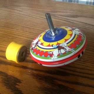 Vintage Litho Spinning Tin Top, Made by Gibbs Co.   Wood Handle