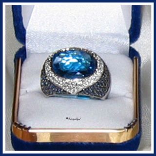 WHITE GOLD BOLD PAVE DIAMOND, SAPPHIRE AND TOPAZ COCKTAIL RING SIZE 8
