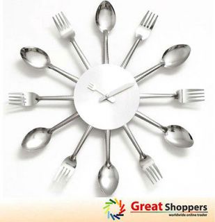Design Home Kitchen Decoration Art Fork & Spoon Silver Wall Clock