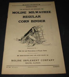 Old 1927 MOLINE Milwaukee CORN BINDER   Instruction Booklet Moline