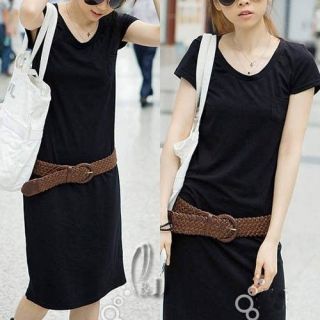 Black Cotton Casual Hippie leisure Dress Skirt with Brown Belt dr036