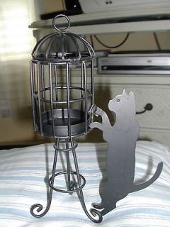 Cat with Bird Cage Black Siz e 8 1/2 tall x 5 wide Kitty hanging on