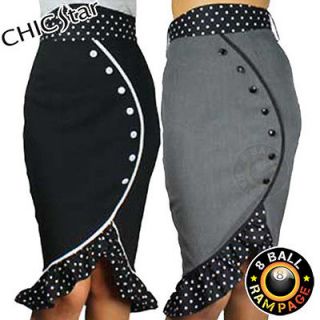 Black or Grey High Waist Polka Dot Ruffles Pencil Skirt Rockabilly 50s