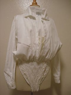 HENRI BENDEL NEW YORK DOUBLE LAYER LACE WHITE DRESS SHIRT BODYSUIT