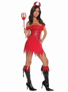 Sexy Devil Costume Dress Horns Pitch Fork Waist Cincher Red 9690