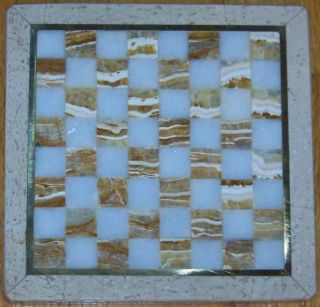 Square Handmade Marble & Onyx Chess Board/Set with brass inlays