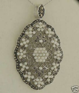 Marcasite Sterling Silver Filigree Seed Pearl Pendant