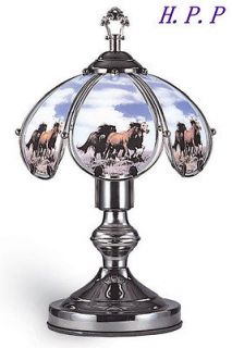 Glass Three Horse Theme Touch Table Lamp w/ Dark Chrome Finish Base