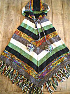 One of a Kind Hand knit Poncho w/ Pom Pom & Hood CHELSEA VERDE OS