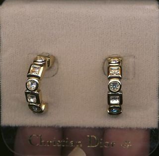 Signed Christian Dior Gold Plated Crystal Huggies Post Earrings New