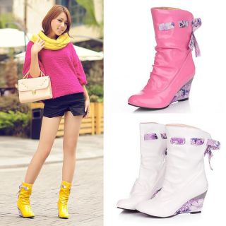  Womens Shoes Flower Bowknot Rain Boots 6cm Wedge Heel