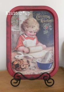 Vintage Retro Food Safe CHRISTMAS/HOLIDAY COOKIE TIN TRAY w/ GIRL