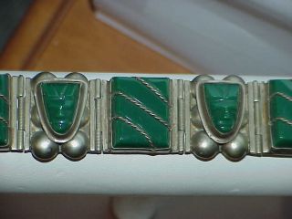 VINTAGE Jewelry MEXICAN JADE & SILVER BRACELET Chunky CARVED MASKS