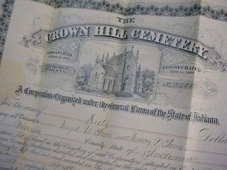 Old 1887 CROWN HILL CEMETERY LOT Large CHURCH DEED w/Vignette MARION