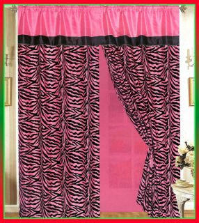 Black/Pink Zebra Stripe Satin Window Curtain Drape Set +Sheer Liner