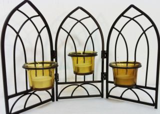 Church Arch Window Tea Light Set 3 Fold with Amber Glass Voltive