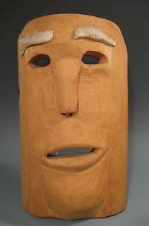 Carved Wood Mask w/ Fur Eyebrows Signed Sam Mellswong 20th century