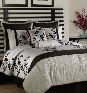 Trellis Flock 8pc KING Comforter Set Black Silver Gray Pem America Bed